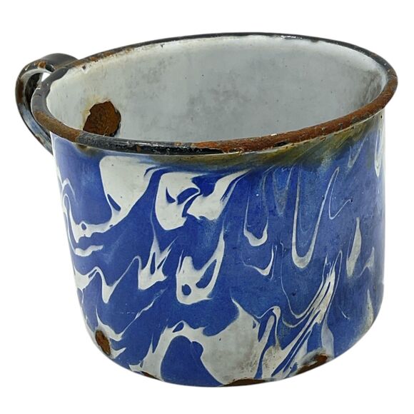 Blue Swirl Graniteware Coffee Cup Black Rim Enamel Cowboy Mug Chuckwagon - Picture 3 of 8